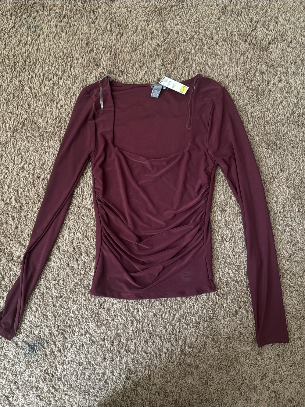 Tilly's Ruched Square Neck Long Sleeve Top - Burgundy
